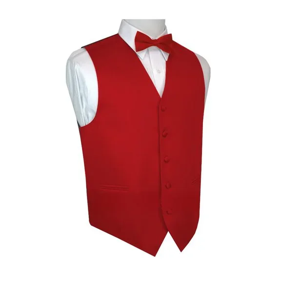 Men's Formal Wedding Prom Homecoming Tuxedo Vest Bow-Tie Hankie - Red Satin - Picture 2 of 4
